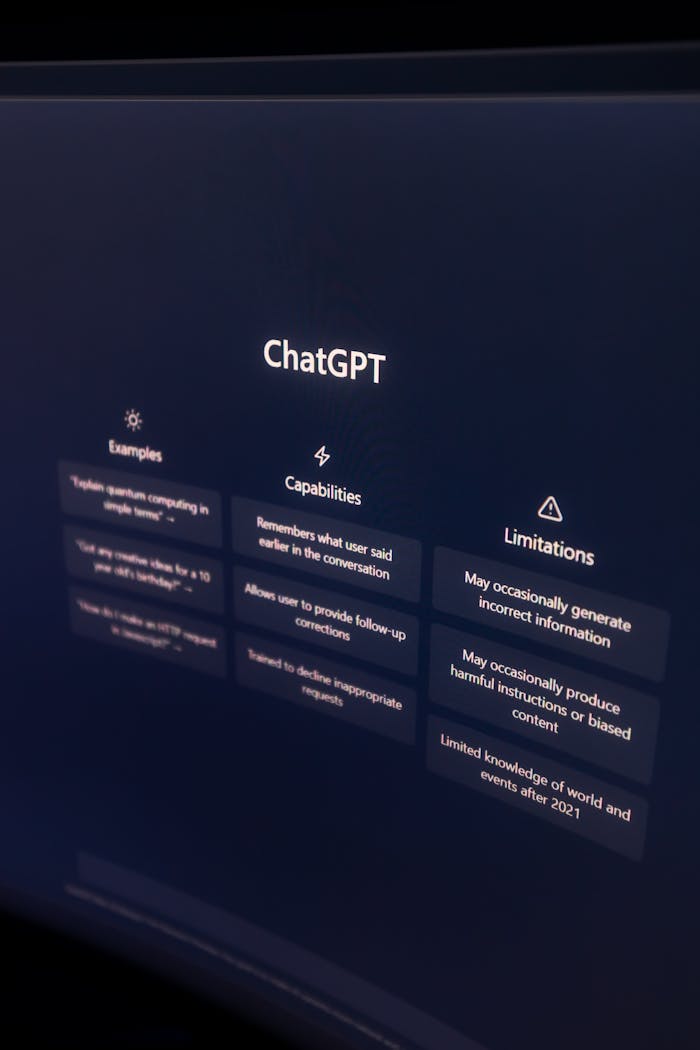 High-resolution image of ChatGPT interface displayed on a monitor, highlighting its capabilities and limitations.