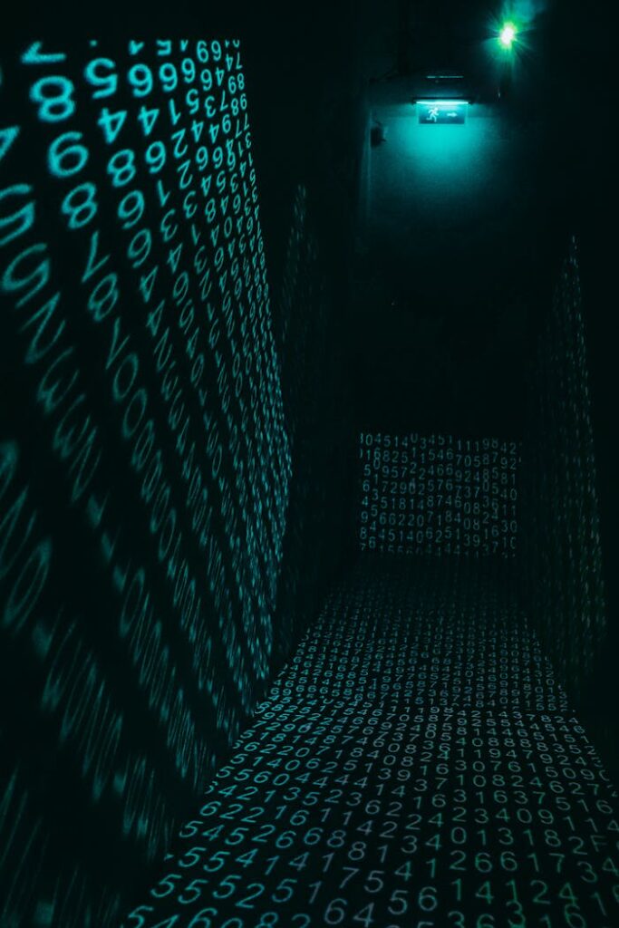 A dark hallway illuminated with neon digital number projections, creating a cyberpunk ambiance.